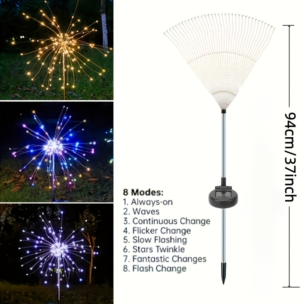 Solar Firework Lights Outdoor 2 Pack – 120 to 840 LED Waterproof Starburst Ground Stake Lights for Garden, Pathway, Lawn, Patio, Christmas, Halloween & Wedding Decoration, Warm White & Colorful