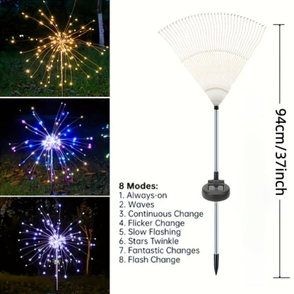 Solar Firework Lights Outdoor 2 Pack – 120 to 840 LED Waterproof Starburst Ground Stake Lights for Garden, Pathway, Lawn, Patio, Christmas, Halloween & Wedding Decoration, Warm White & Colorful