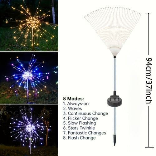 Solar Firework Lights Outdoor 2 Pack – 120 to 840 LED Waterproof Starburst Ground Stake Lights for Garden, Pathway, Lawn, Patio, Christmas, Halloween & Wedding Decoration, Warm White & Colorful