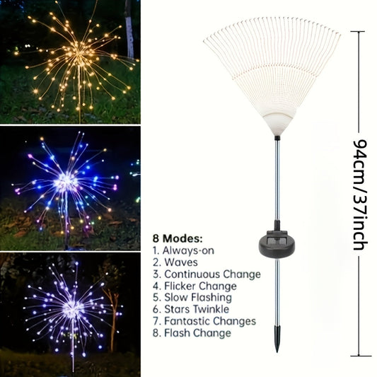 Solar Firework Lights Outdoor 2 Pack – 120 to 840 LED Waterproof Starburst Ground Stake Lights for Garden, Pathway, Lawn, Patio, Christmas, Halloween & Wedding Decoration, Warm White & Colorful