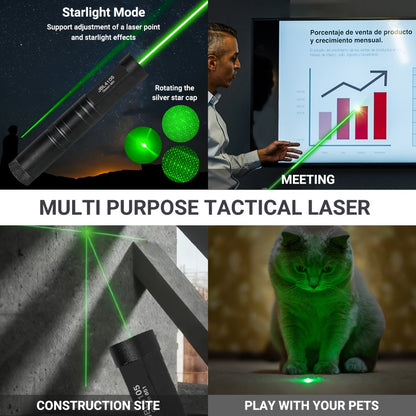 High Power Green Laser Tactical Flashlight Rechargeable with Star Cap & 16340 Battery – 200M Range Green Beam Pointer for Astronomy, Presentations, Construction & Outdoor Adventures (1 or 2 Set)