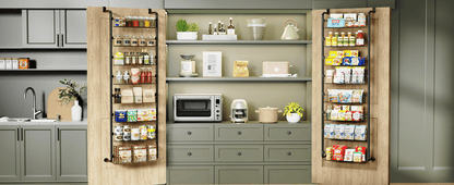 Over The Door Pantry Organizer 8-Tier & 6-Tier Metal Hanging Spice Rack – Back of Door Kitchen Storage for Pantry, Laundry & Bathroom – Versatile Seasoning Rack in Black & White