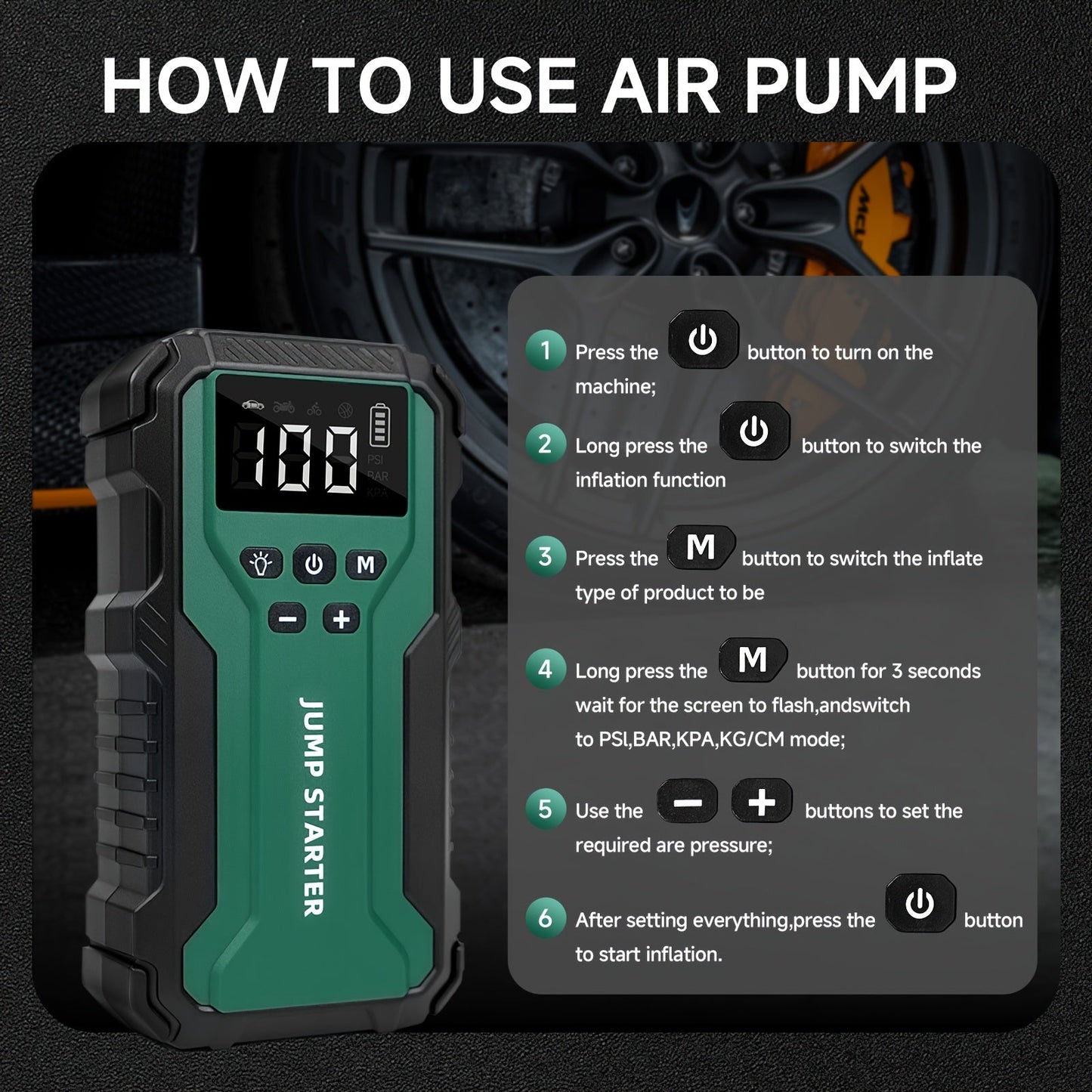 10000A Car Jump Starter 7-in-1 with 150PSI Air Compressor, Digital Tire Inflator, LED Emergency Light & USB Power Bank – Portable Battery Booster for Gas & Diesel Vehicles – Velora