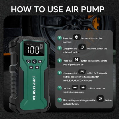 10000A Car Jump Starter 7-in-1 with 150PSI Air Compressor, Digital Tire Inflator, LED Emergency Light & USB Power Bank – Portable Battery Booster for Gas & Diesel Vehicles – Velora