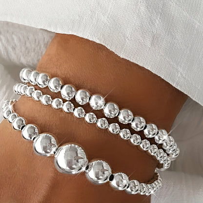 S925 Sterling Silver Beaded Bracelet Set for Women 3pcs – Handcrafted Stackable Round Bead Bracelets, Minimalist Daily Wear & Valentine’s Day Gift, Total Weight 15.68g