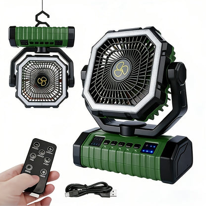 20000mAh Portable Camping Fan with LED Light – USB Rechargeable Outdoor Tent Fan for Hiking, Fishing & Camping – Durable Compact Design with Handle, Green & Orange
