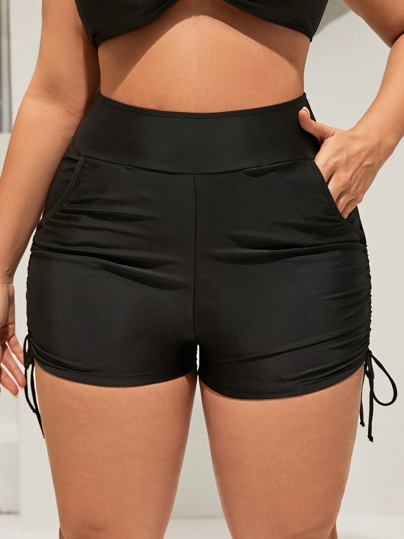 Women's High-Waisted Swim Shorts Plus Size Retro Stretchy Solid Color Drawstring Side Pockets Machine Washable Beach Pool Swimwear 0XL-4XL Elegant Comfortable Fit