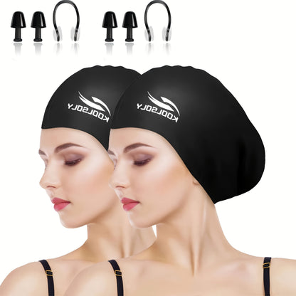Silicone Swimming Cap 2 Pack with Ear Protection for Long Hair – Includes Earplugs & Nose Clip, Waterproof Swim Cap Set, 11 Color Options for Women Men Adults