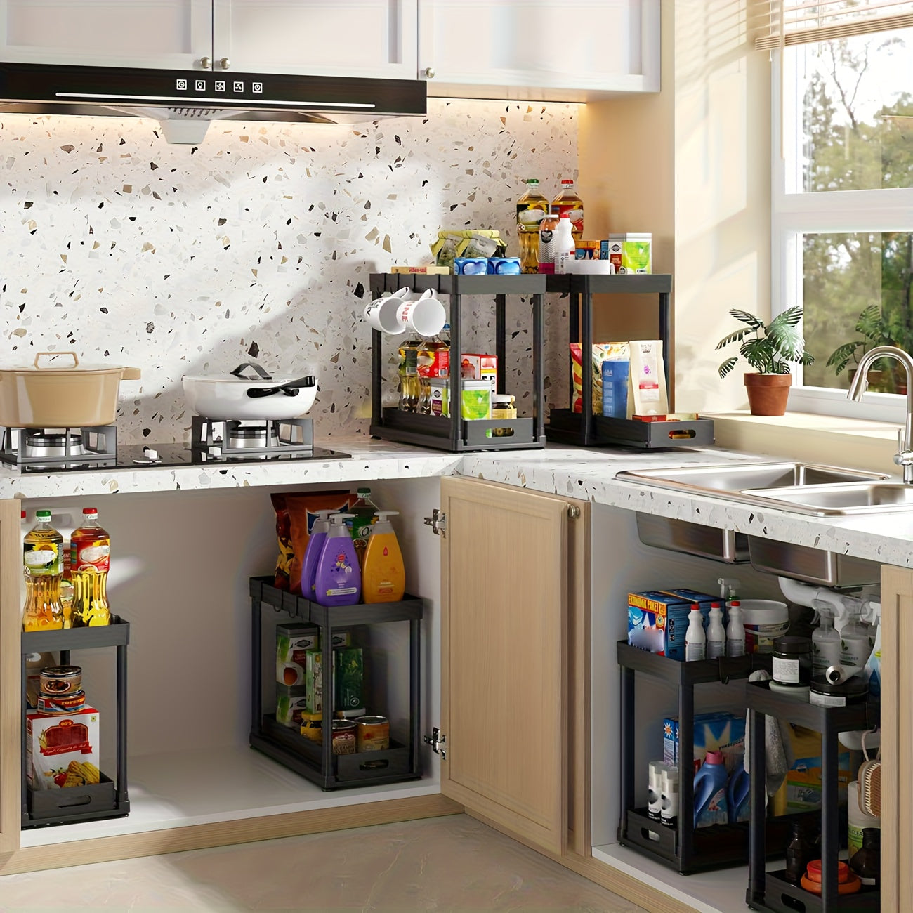 Under Sink Organizer 2-Pack Double-Tier Sliding Baskets 8 Hooks Expandable – Kitchen Bathroom Cabinet Storage Rack Organization Moonlight White Black Gray