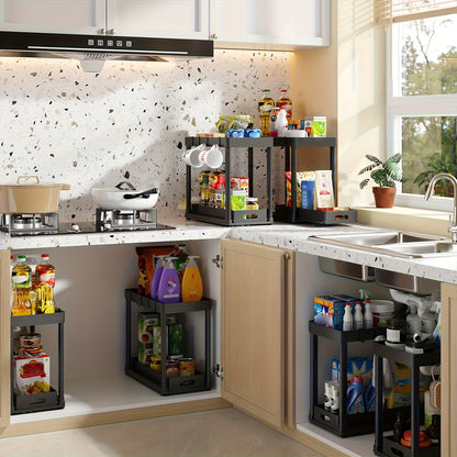 Under Sink Organizer 2-Pack Double-Tier Sliding Baskets 8 Hooks Expandable – Kitchen Bathroom Cabinet Storage Rack Organization Moonlight White Black Gray
