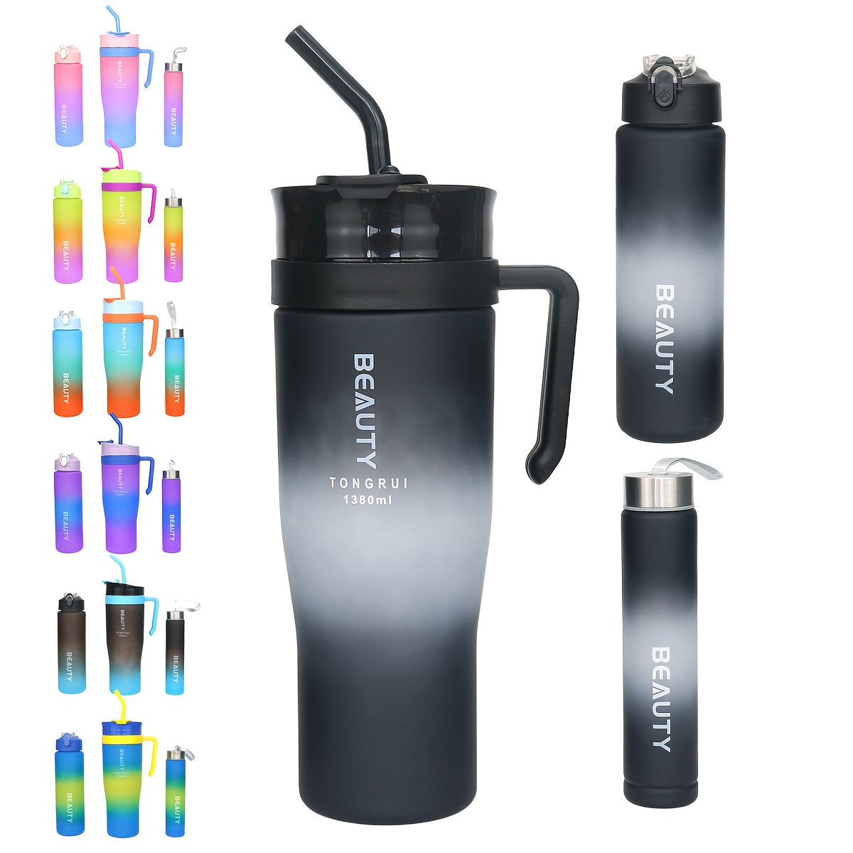 BPA-Free Gradient Water Bottles 5-Piece Set with Straw & Spill-Proof Lid - 46oz 27oz 9oz Leak-Proof Sports Bottles for Gym Travel Outdoor