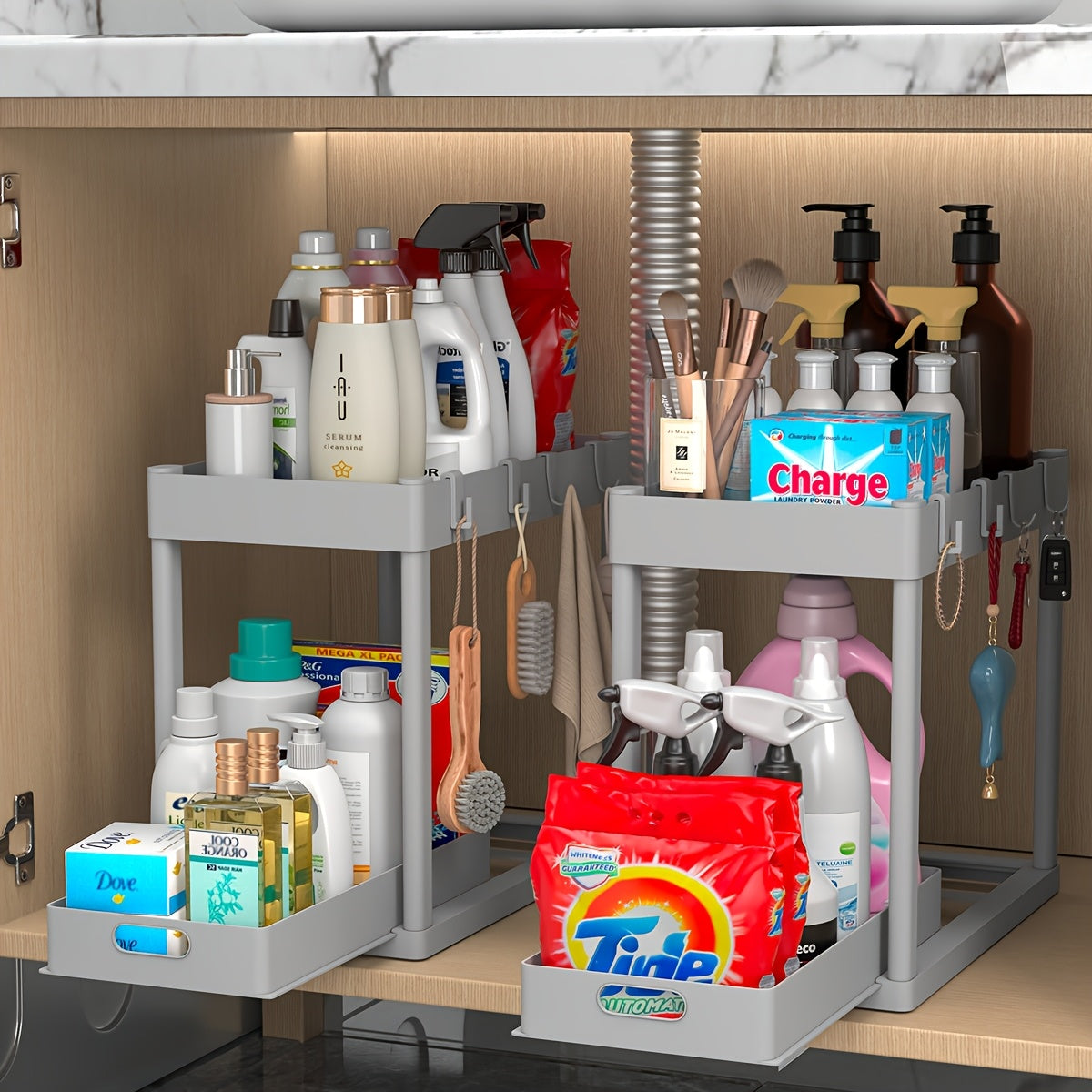 Under Sink Organizer Set of 2 – Dual-Tier Sliding Basket Drawers with 8 Hooks, Bathroom Cabinet Storage Solution for Under Counter Organization, Kitchen & Bath Versatile Shelf Baskets, Black White Gray