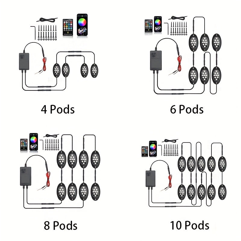 RGB LED Rock Lights Kit for Trucks & Pickup – Sound Activated, APP & Remote Control, Multicolor Underglow Chassis Neon Light, 9 Large Light Beads, 4/6/8/10 Pods Underbody Lighting