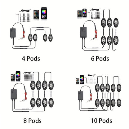 RGB LED Rock Lights Kit for Trucks & Pickup – Sound Activated, APP & Remote Control, Multicolor Underglow Chassis Neon Light, 9 Large Light Beads, 4/6/8/10 Pods Underbody Lighting