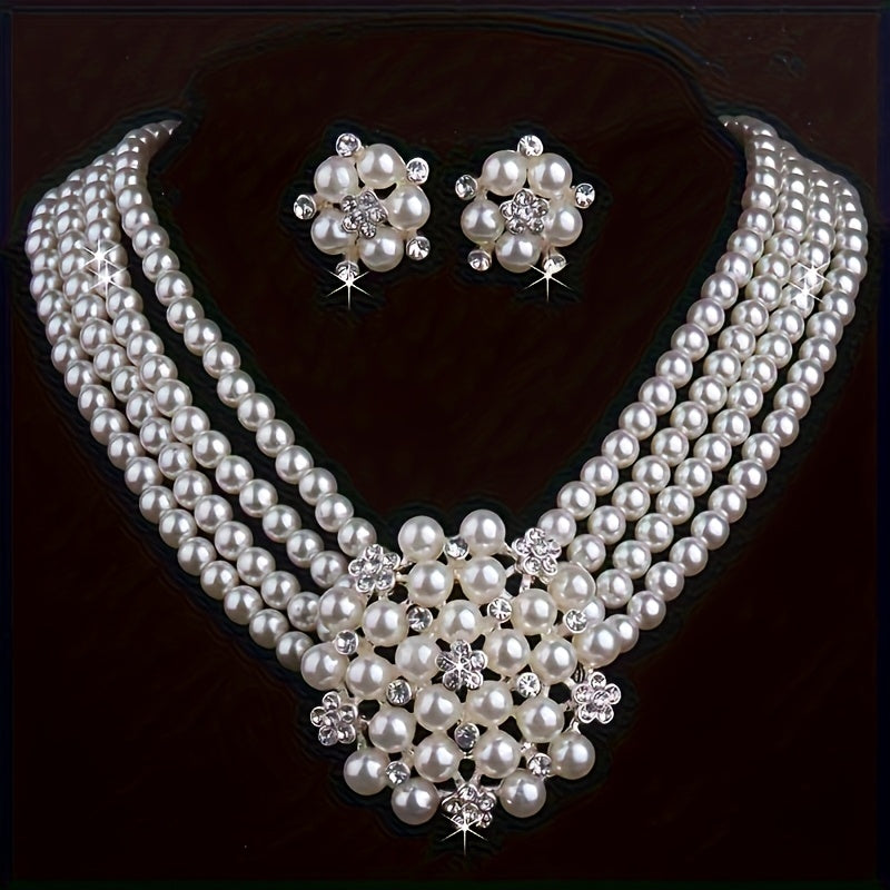 Luxury Bridal Necklace & Earring Set for Women – Silver Plated Beaded Jewelry Set for Wedding, Evening Party & Stage Performance, Elegant Dress Accessories