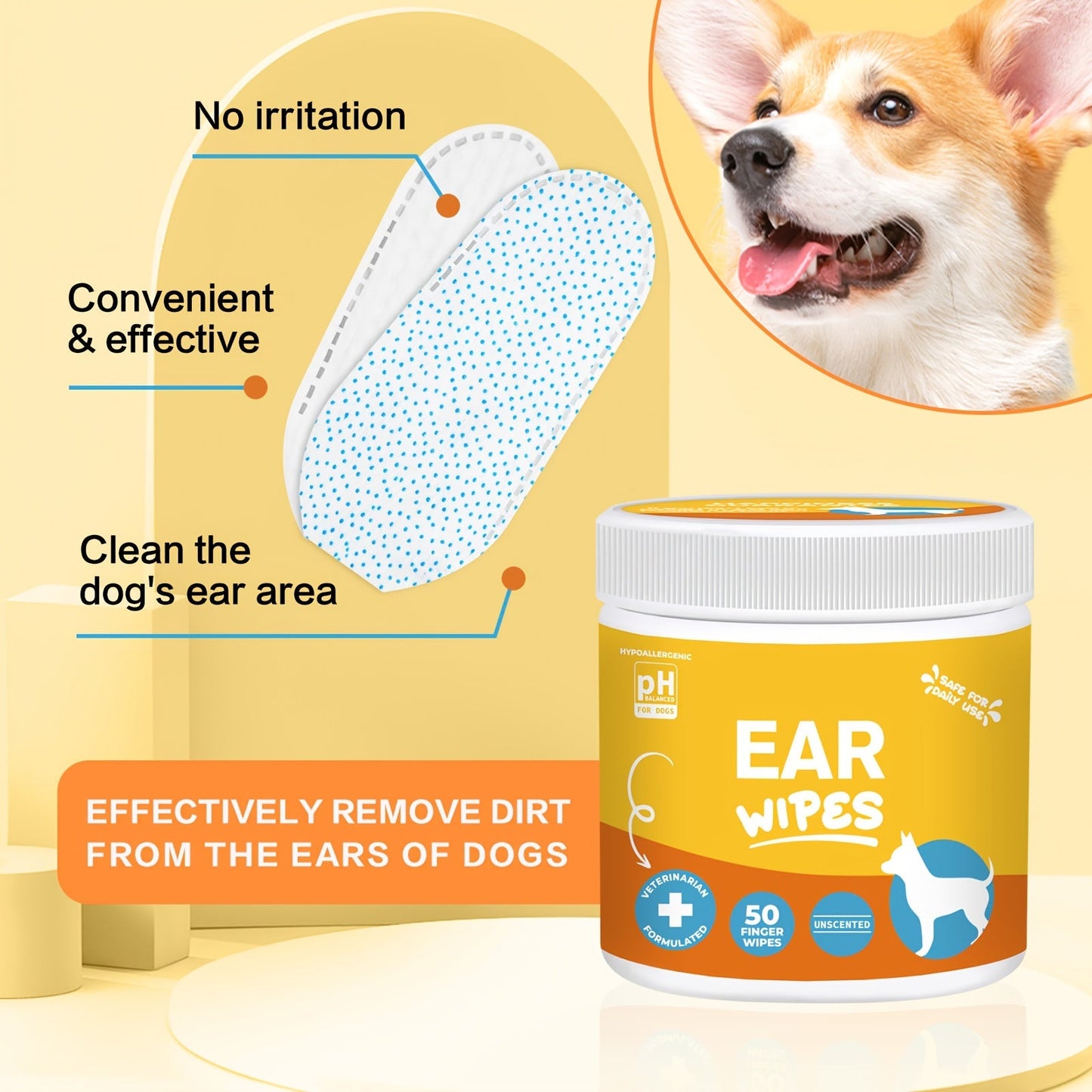 Dog Ear Cleaner Wipes with Finger Wipe Design - Soothing Deodorizing Itch Relief Coconut Scent Pet Ear Cleaning Wipes for All Dog Breed Sizes, Gentle and Easy to Use at Home