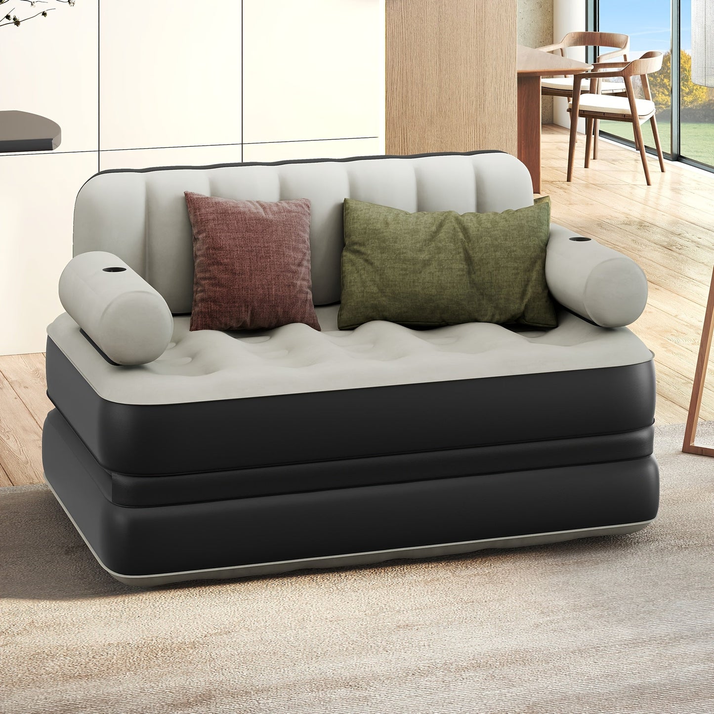 Inflatable Air Sofa Bed 2-in-1 Queen Size – Portable Blow Up Couch & Airbed with Headboard, Cup Holders, External Pump & Storage Bag, 440 lb Capacity for Home, Camping & Guests
