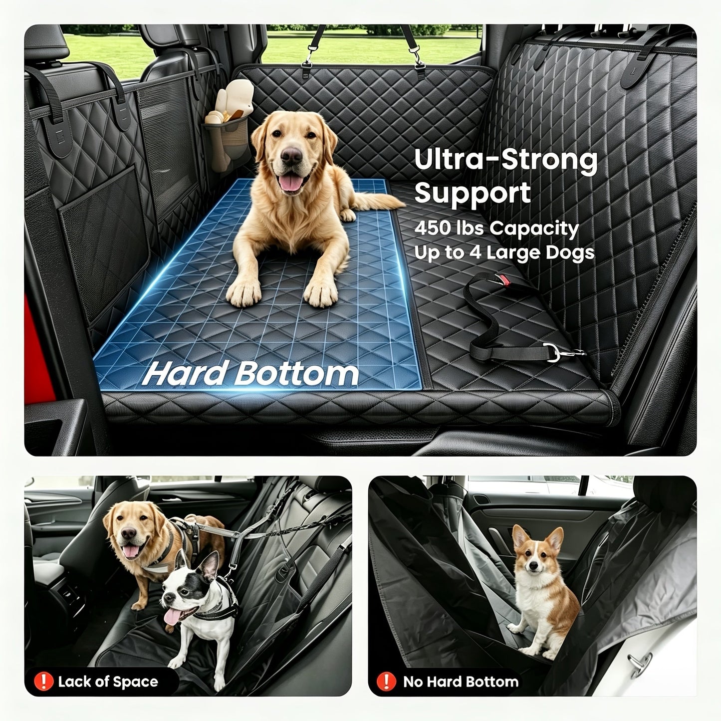 Dog Car Seat Cover Hard Bottom Back Seat Extender Holds 400 lbs – Dog Hammock Car Bed with Mesh Window & Storage Pockets for Cars SUVs Trucks All Breeds