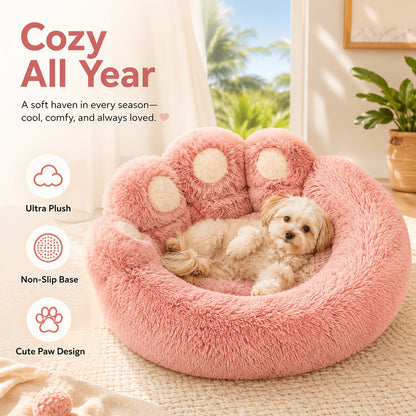 Bear Paw Plush Round Pet Bed for Dogs & Cats – Soft Calming Dog Bed, Non-Slip Cat Bed, Warm Cozy Puppy Bed, Small Medium Large, 20/24/28/36 Inch, Coffee/Pink/Gray