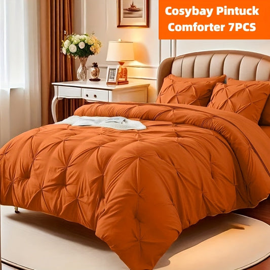 Comforter Set 7 Piece Queen King Full - Soft Microfiber Pintuck Pleated Bed in a Bag Complete Bedding Set with Comforter, Fitted Sheet, Flat Sheet & Pillowcases, All Season Home & Dorm Bedding