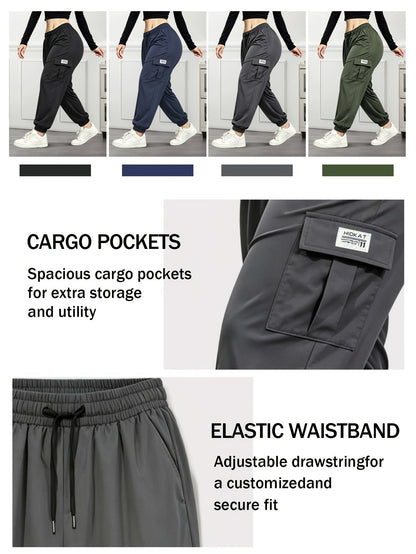 Women's Cargo Pants with Zippered Pockets – Elastic Drawstring Waist Large Pocket Casual Outdoor Trousers Black Grey Green Blue XS-XXL