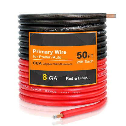 8 Gauge Wire 50ft CCA Power Ground Cable Kit (25ft Red + 25ft Black) for Car Audio, Amplifier, Speaker, Marine, Welding & Automotive Electrical Wiring
