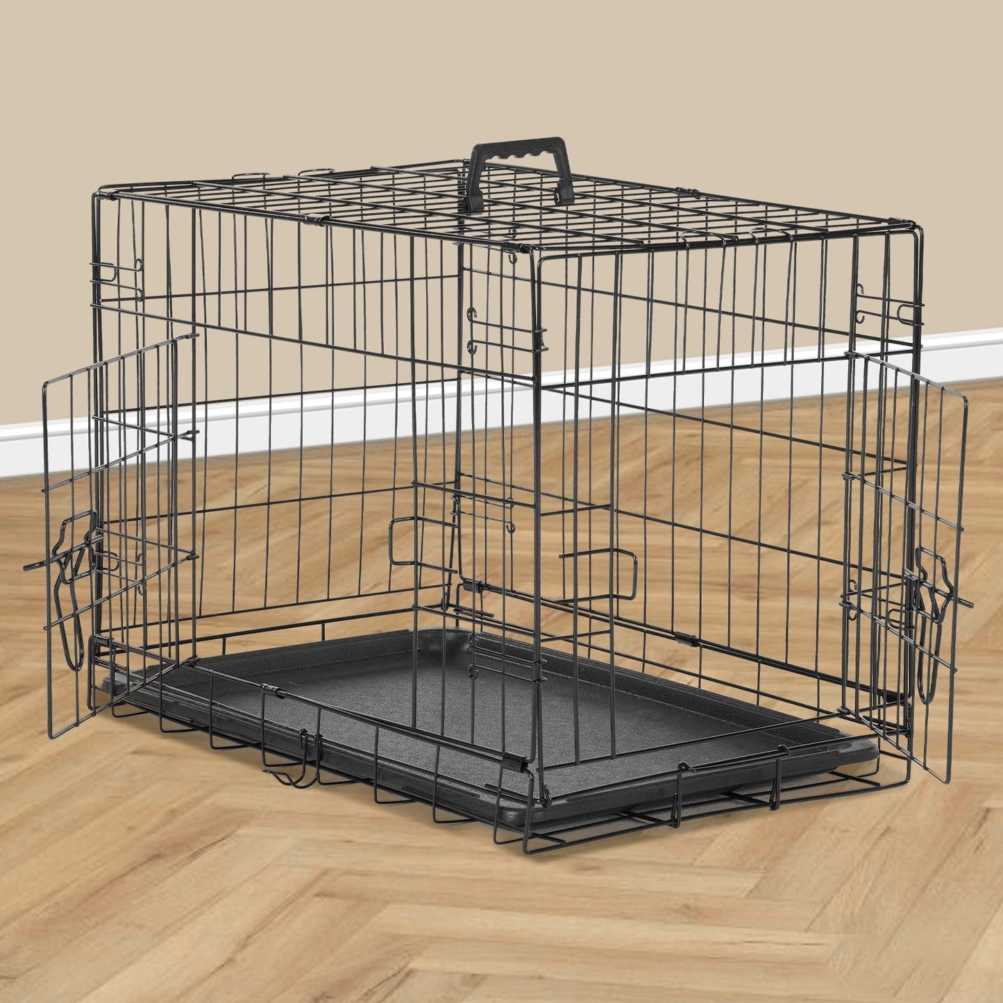 Folding Wire Dog Crate with Divider & Leak-Proof Tray – Double Door Collapsible Metal Kennel for Small, Medium & Large Dogs, Indoor, Outdoor & Travel Use