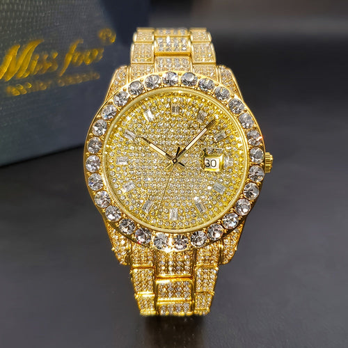 Men's Iced Rhinestone Quartz Watch Classic Business Fashion Wrist Watch with Date Display Zinc Alloy Strap Silver Gold Luxury Style Gift for Him