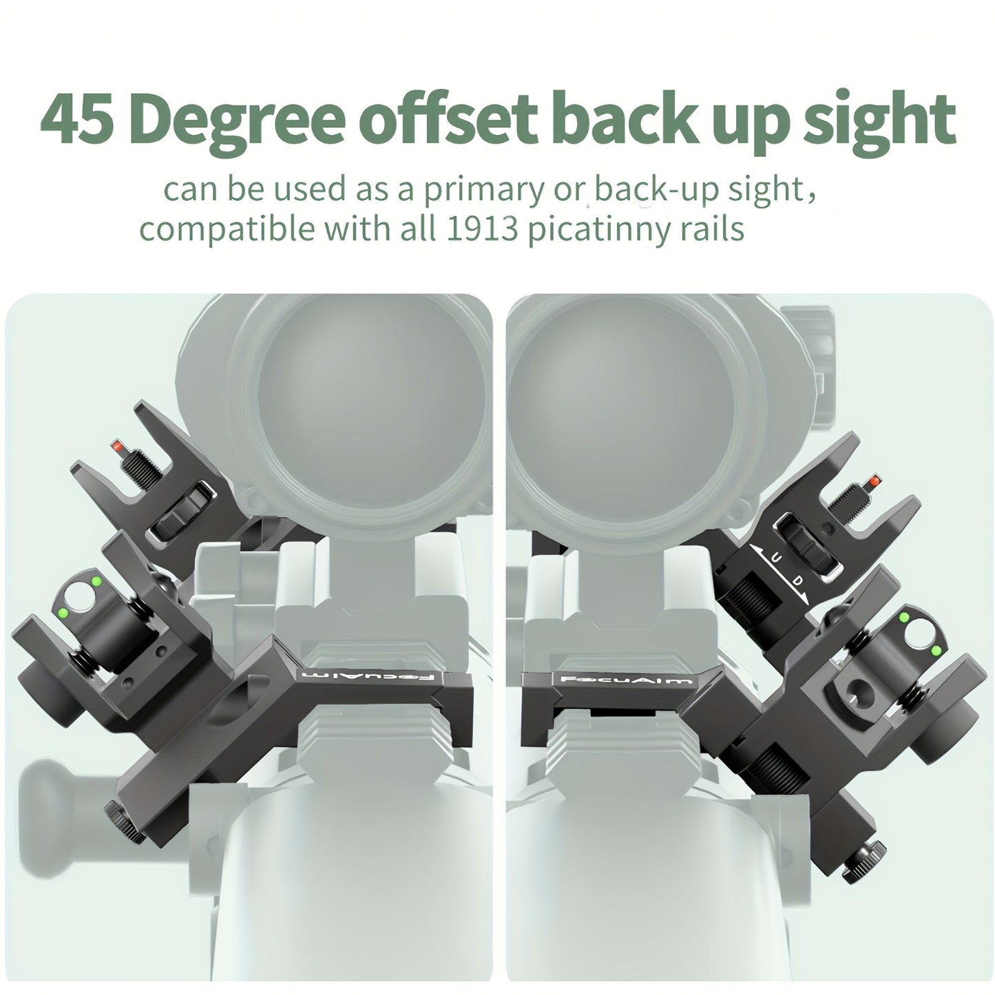 45 Degree Offset Flip Up Iron Sights for AR15 – Fiber Optic Red Green Dots, Tool-Free Adjustable, 20mm Rail Mount, Rapid Transition Backup Canted Sights for Rifle Shooting Outdoors