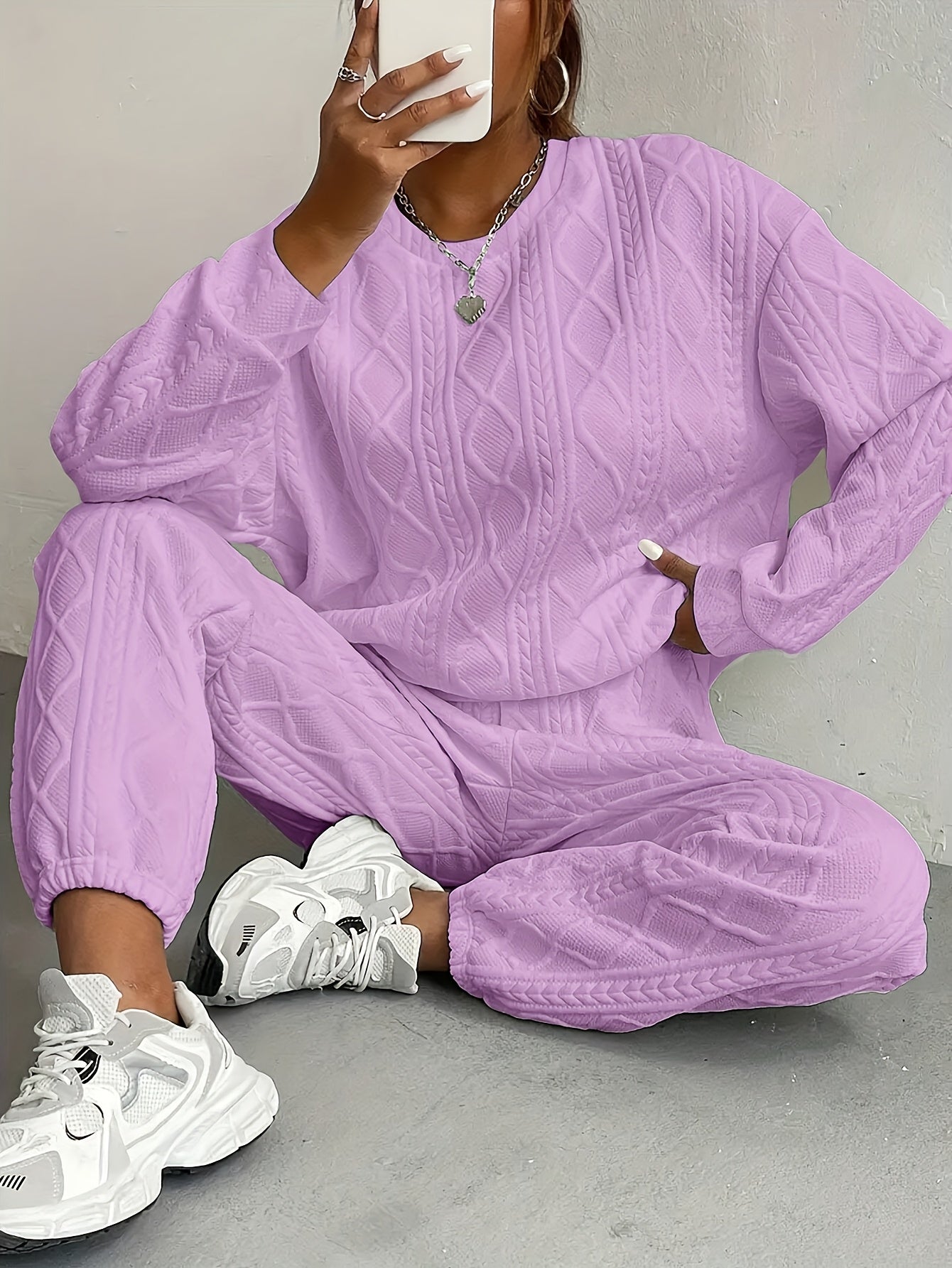 Women's 2-Piece Pullover Sweatsuit Set – Textured Jacquard Crewneck Long Sleeve Top & Sweatpants Tracksuit Breathable Casual Loungewear for Spring Summer S-XXL