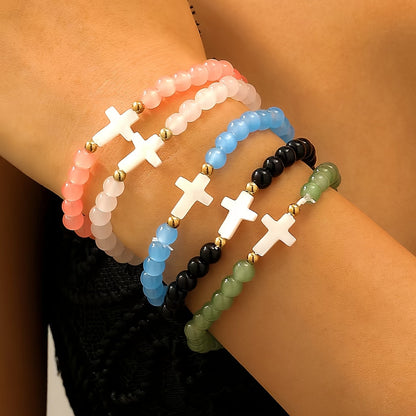 24pc Bohemian Cross Charm Bracelet Set – Colorful Elastic Stretch Bands with Resin & Glass Cross Charms, Bulk Pack for Daily Wear, Vacation, Parties & Holiday Gifting