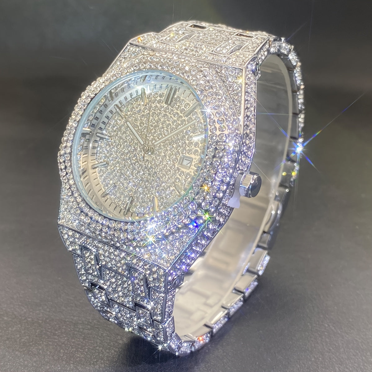 MISS FOX Glam Quartz Watch – Hip Hop Cuban Link, Rhinestone Accents, Luminous Calendar, Alloy Band, Unisex Luxury Fashion Watch for Men & Women, Silver & Gold
