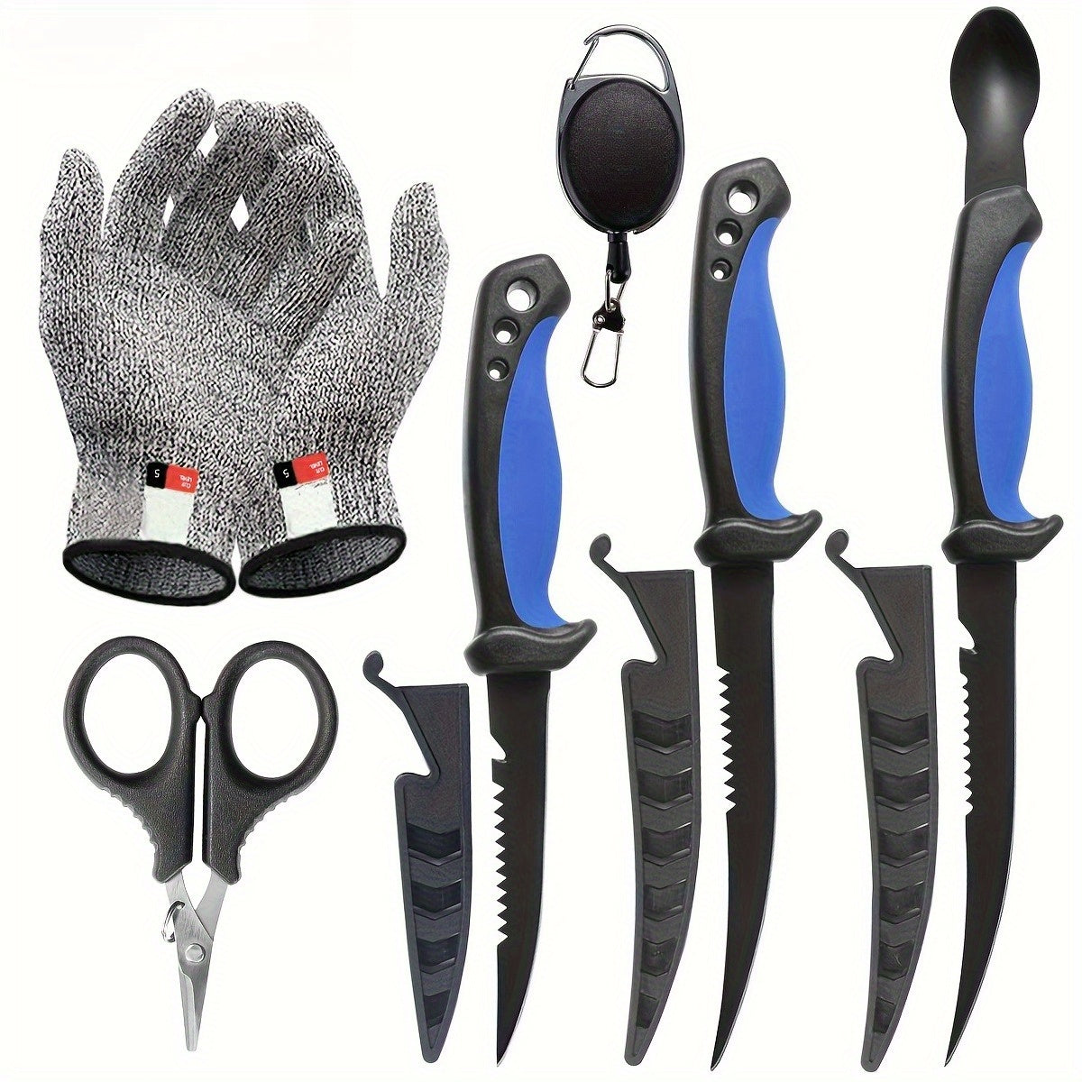 3 Piece Fishing Knife Set with Stainless Steel Blades, Fish Fillet Boning Gutting Knives with Cut Resistant Gloves, Fishing Line Cutter & Cord – Unique Fishing Gift for Anglers & Campers