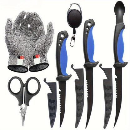3 Piece Fishing Knife Set with Stainless Steel Blades, Fish Fillet Boning Gutting Knives with Cut Resistant Gloves, Fishing Line Cutter & Cord – Unique Fishing Gift for Anglers & Campers