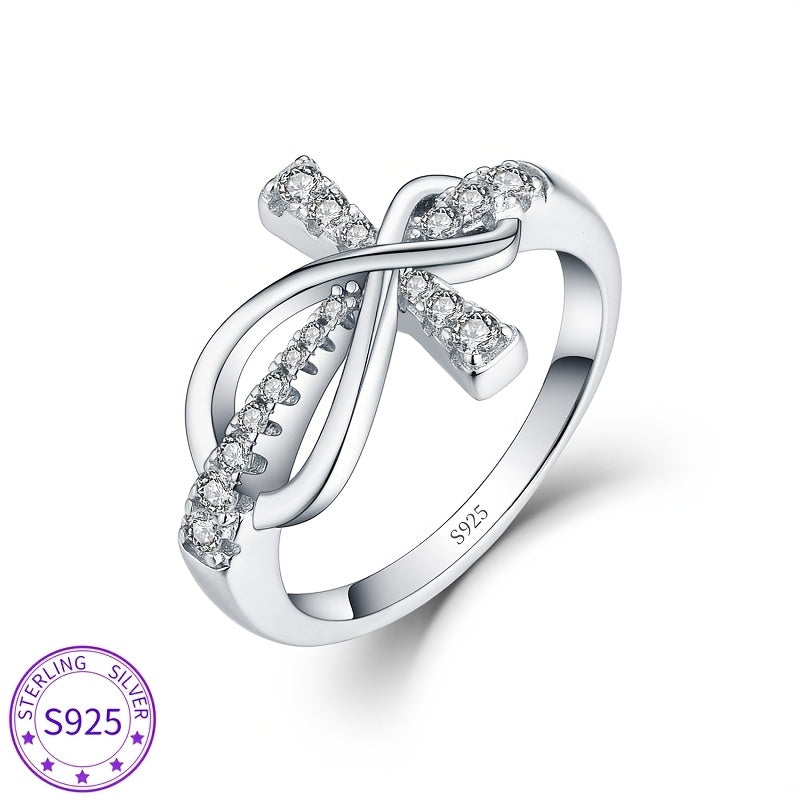 925 Sterling Silver Infinity Cross Ring with Sparkling Cubic Zirconia – Elegant Glitter Wedding & Party Ring for Women, Symbolic Gift in Sizes 6-10, Lightweight 1.5g Design