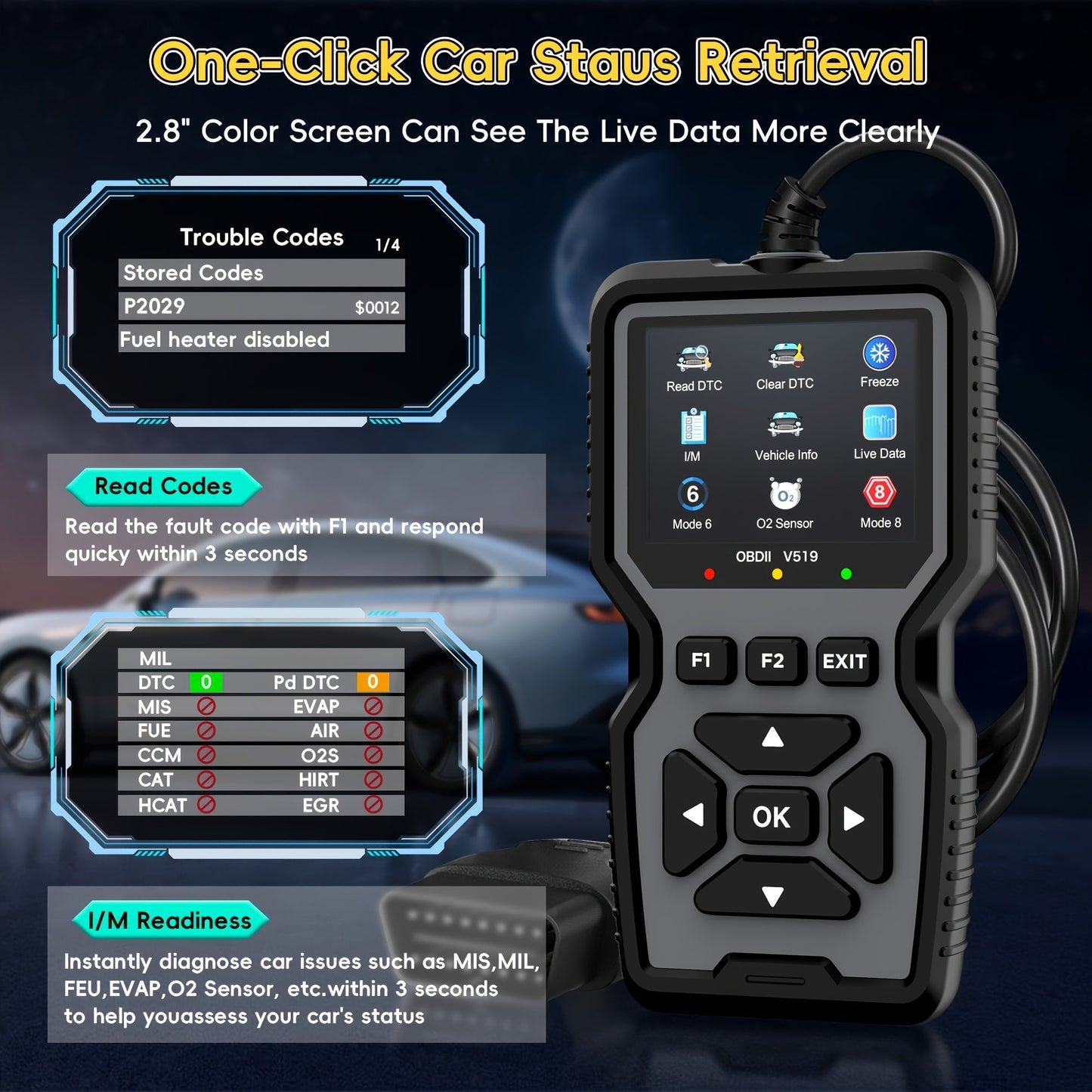 OBD2 Scanner Diagnostic Tool Universal Check Engine Code Reader with Reset Function Mode 6 & 8 I/M Readiness Test – Compatible with All 1996+ OBDII Cars Trucks SUVs – Grey