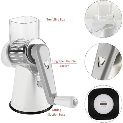 Rotary Cheese Grater Hand Crank Shredder with 3 Interchangeable Blades - Non-Slip Suction Base, Free Cleaning Brush, for Fresh Cheese, Vegetables & Nuts, Kitchen Tool Gift