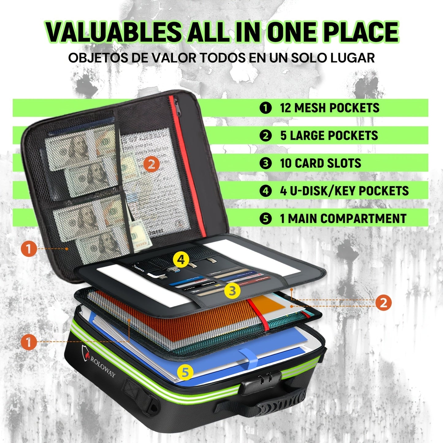 Fireproof Document Bag with Combination Lock & Reflective Strip – 17x11.8x5 Inch Multi-Layer File Organizer for Passports Cash Cards Certificates A4 Legal Size Documents Home Office Travel Safety
