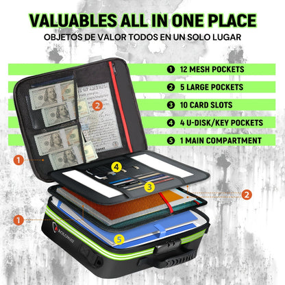 Fireproof Document Bag with Combination Lock & Reflective Strip – 17x11.8x5 Inch Multi-Layer File Organizer for Passports Cash Cards Certificates A4 Legal Size Documents Home Office Travel Safety