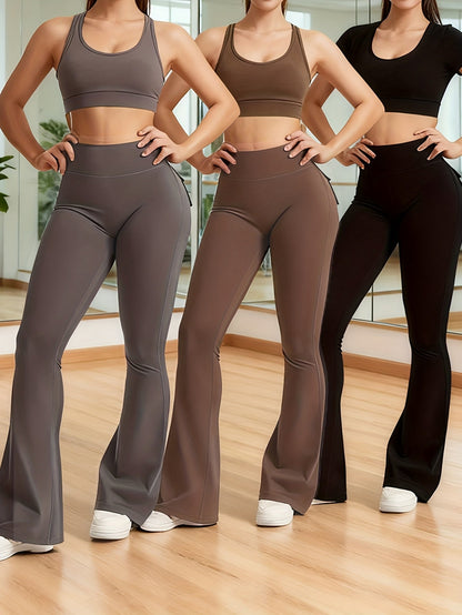 Women's High Waist Flare Pants 3-Pack – Butt Lifting Tummy Control Quick-Dry Cargo Style Leggings Tracksuit Casual Sports Full-Length Trousers Black Gray Green