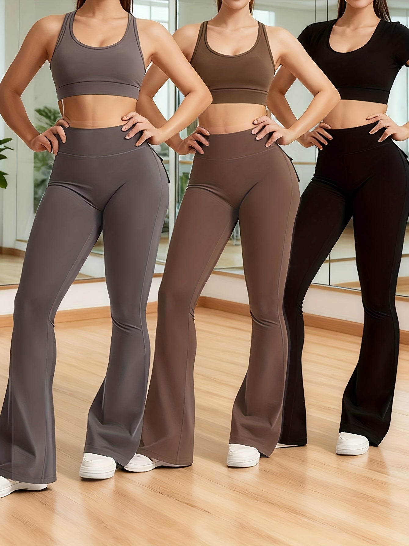 Women's High Waist Flare Pants 3-Pack – Butt Lifting Tummy Control Quick-Dry Cargo Style Leggings Tracksuit Casual Sports Full-Length Trousers Black Gray Green