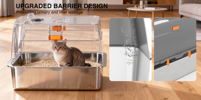 Oversized Enclosed Stainless Steel Cat Litter Box with Lid, Collapsible Anti-Splash Covered Indoor Cat Toilet with Front Flap Door & Superior Odor Control