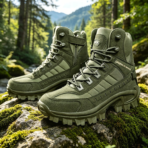 Men's Lightweight High-Top Tactical Hiking Boots – Slip-Resistant Durable Outdoor Boots for Jungle Hiking, Hunting & Adventure Travel, All-Season, Army Green Dark Brown Sand, US 6.5-12