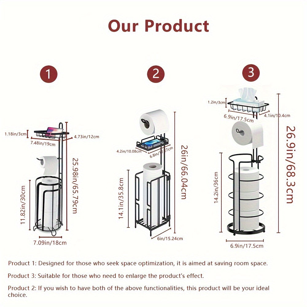 Freestanding Toilet Paper Holder Metal Stand 3 Reserve Roll Storage | No Drilling Modern Bathroom TP Dispenser | Floor Standing Toilet Paper Organizer | Housewarming Gift | Black