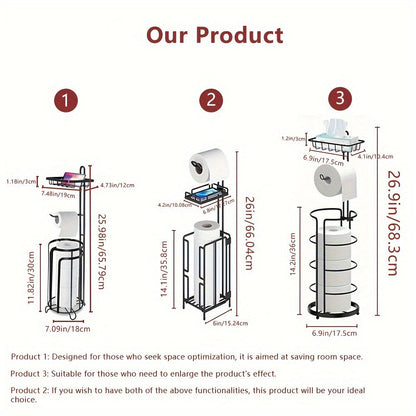 Freestanding Toilet Paper Holder Metal Stand 3 Reserve Roll Storage | No Drilling Modern Bathroom TP Dispenser | Floor Standing Toilet Paper Organizer | Housewarming Gift | Black