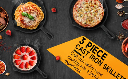 3pcs Cast Iron Skillet Set with Drip Spout – Pre-Seasoned Non-Stick Heavy Duty Cookware for Holiday Cooking, RV Camping, Campfire Meals, Oven & Stovetop Safe Kitchen Gift