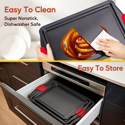 Carbon Steel Nonstick Baking Pan Set 3/9 Pcs – Commercial Grade Oven Safe Bakeware with Red Silicone Handles, Non-stick Inside & Outside, Restaurant Quality Kitchen Cookware for Home Baking