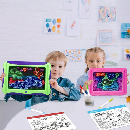 LED Light-Up Drawing Doodle Board for Kids Ages 3-8 – Glow Writing Art Set with 9 Double-Sided Cards & 6 Markers, Educational Learning Travel Toy, Birthday & Christmas Gift for Girls Boys