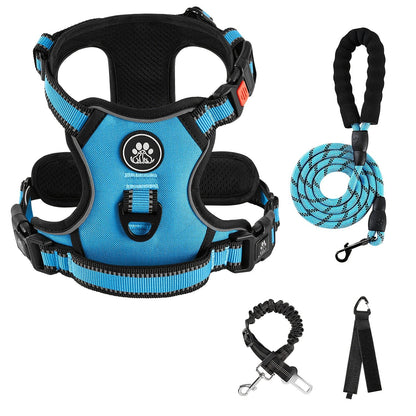 No Pull Dog Harness Set with Leash Retractable Seatbelt & Collar – Fully Reflective Adjustable Breathable Vest Harness with Handle for Small & Large Dogs XS–XL