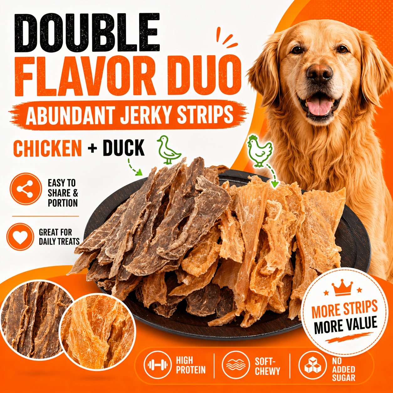 Chicken & Duck Jerky Pet Treats 105g – Grain-Free High Protein Healthy Snacks for Dogs & Cats, Chicken Breast Slices + Duck Jerky Combo, Dental Chews & Training Rewards for Puppies Kittens Adults